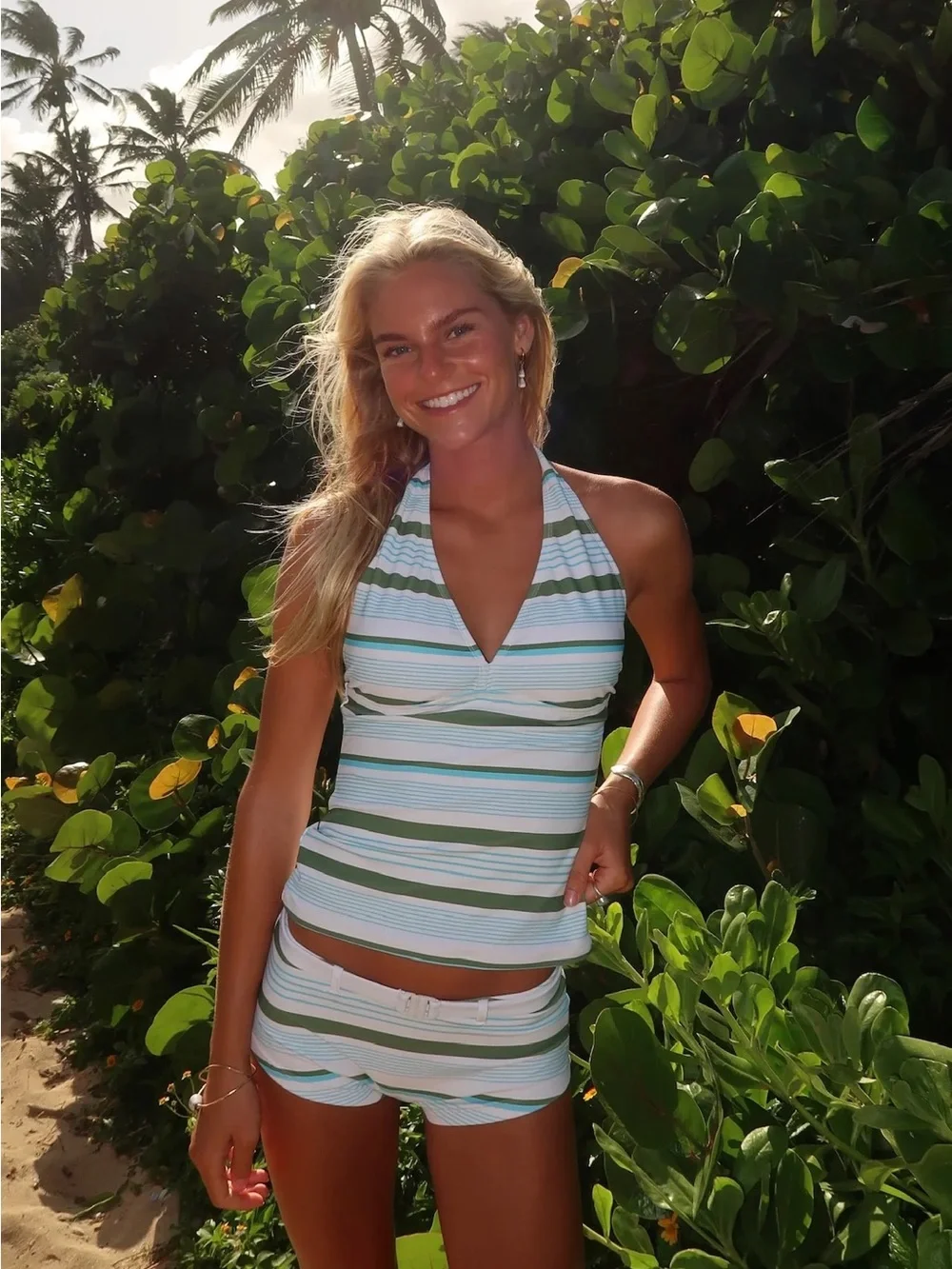 RAD Swim Kimber Tankini Set Size Large Green Blue Striped Boyshort Swimsuit